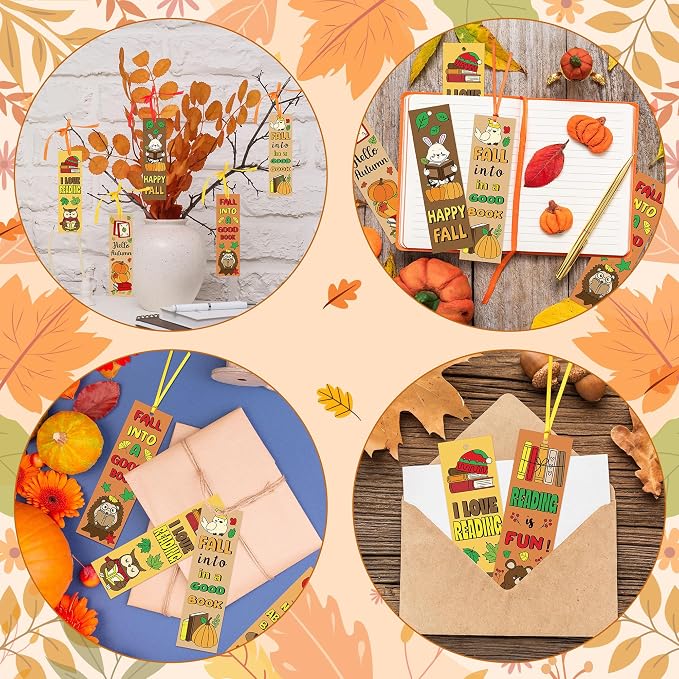 ANGOLIO Fall Animal Coloring Bookmarks - 123Pcs Autumn Animals Color Your Own Bookmarks for Kids, Squirrels Hedgehogs Blank DIY Art Crafts for Classroom Party Favors Reading Rewards Goodie Bag Fillers