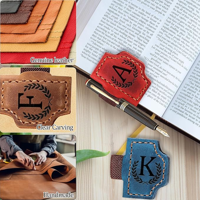 Custom Magnetic Bookmarks with Pen Holder, Personalized 26 Letters Name Initial Leather Bookmark, Leather Book Mark for Men Women Teachers, Readers Book Lovers Gifts (Purple, E)
