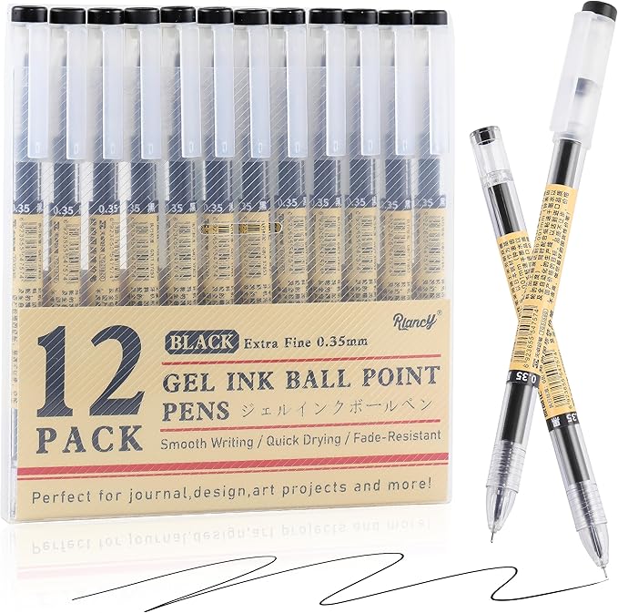 RIANCY Japanese Style Black Gel Ink Pens, 0.35mm Extra Fine Point, No Smudge Quick Drying, Japanese Ink Pen for Journal Planners, Thin Notebook Paper, Office School Supplies, 12 Pack, Writing Drawing