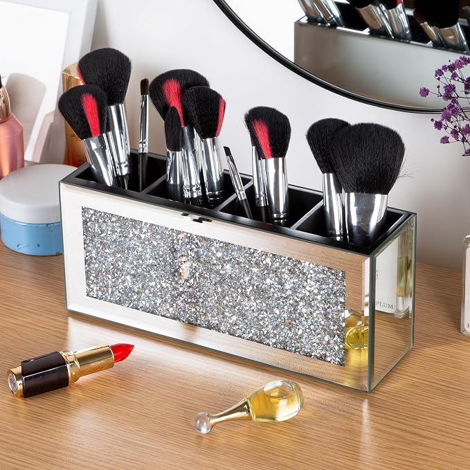 Mirrored Pen Holder 4 Compartments, Crushed Diamond Pencil Holder for Desk Glass Pen Organizer Cup for Countertop Accessory Storage, Silver