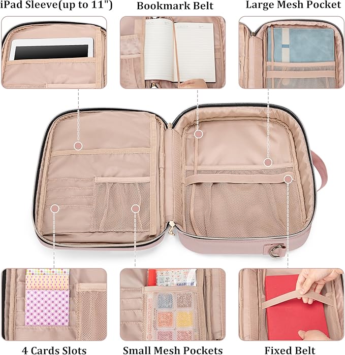 Teamoy Journal Supplies Storage Case, Journal Supplies Holder with Detachable Pen Slots, Travel Organizer Holder for B5 Notebooks, Planner, Pens, Journal Supplies and Accessories, Pink Quilted