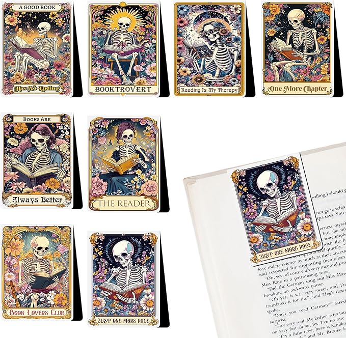 Skeleton Gothic Magnetic Bookmarks - 8 PCs Funny Horror Goth Book Marks Accessories Reading Lovers Cool Unique Fantasy Dark Romance Page Clip Essentials Gifts for Women Men Readers Bookish