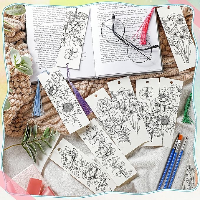Sinmoe 120 Pcs Color Your Own Bookmarks 6 Styles Watercolor Bookmarks to Paint Card Stock Paper Watercolor Colorful Tassels Craft DIY for Classroom Projects Gifts Tags 5.9 x 2 Inch(Flower)