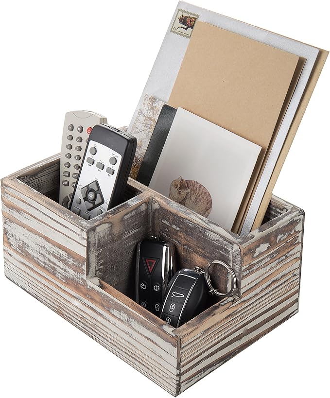 MyGift TV Remote Control Holder, Wood Desktop Office Stationery Organizer Tray with 3 Compartment, Multipuprose Caddy Organizer and Media Storage, Rustic Torched