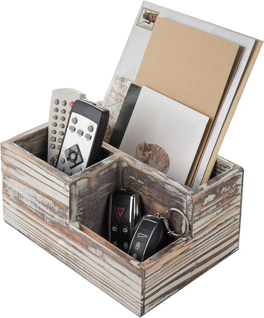 MyGift TV Remote Control Holder, Wood Desktop Office Stationery Organizer Tray with 3 Compartment, Multipuprose Caddy Organizer and Media Storage, Rustic Torched