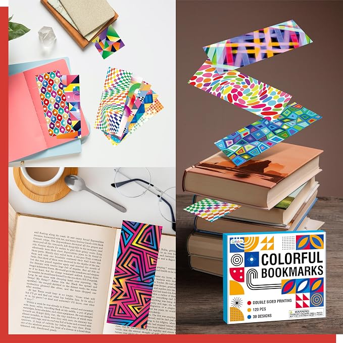 120 PCS Creative Optical Bookmarks, 30 Designs Double-Sided Printing Paper Bookmarks with PET Film, Bright-colored Page Markers for Kids, Students, Adults, Book Lovers, Stationery Supplies (2.4”x6.1”)