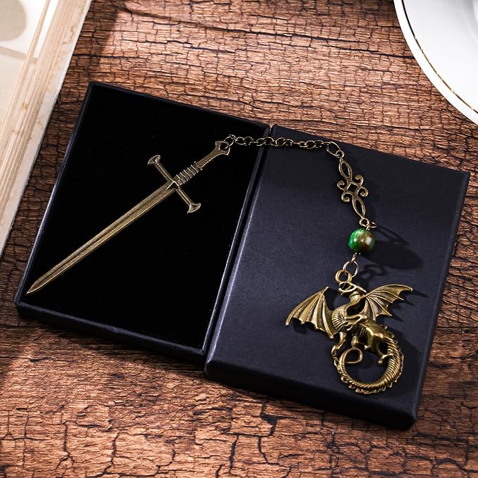 Fourth Wing Sward Bookmark - Fantasy Cool Dragon Page Mark Reading Men Boys Kids Unique Tassel Metal Antique Green Bookmarks for Book Club Students Teachers School Supplies Birthday Gifts