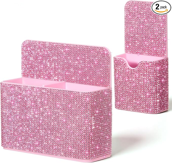 MotiMind 2 Pcs Pink Bling Magnetic Marker Holder Women Girl Locker Accessories Marker Pen Pencil Holder for Refrigerator Whiteboard Sparkly Gift Desk Organizer for School Office (Rhinestone)