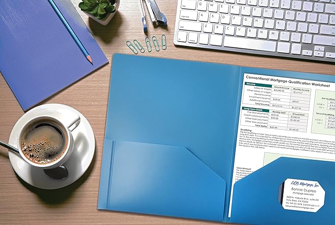 Better Office Products Heavyweight Light Blue Plastic 2 Pocket Portfolio Folder, 24 Pack, Letter Size Poly Folders, 24 Pack, Light Blue