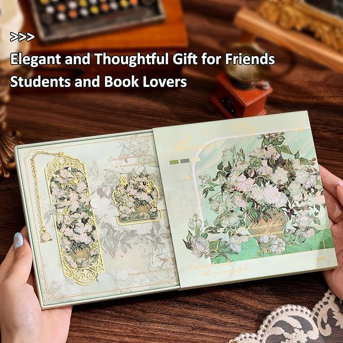 Luxury Metal Bookmark & Book Clip Gift Set, Oil Painting Themed Roses, 1 Bookmark with Pendant + 1 Book Clip, Elegant Christmas New Year Gift Box for Women Book Lovers Writers Readers Teenage