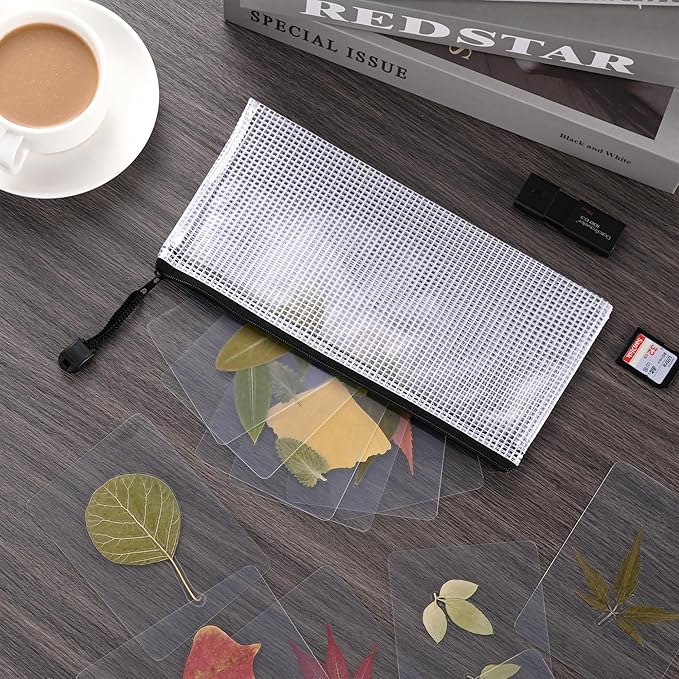 12 Pieces Clear Plastic Mesh Zip Pouch - Document Holder, Pencil Case, Waterproof Storage for Office Supplies, Bills, and Files.Black Zipper.