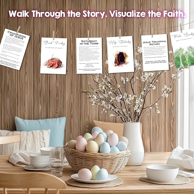 Holy Week Decoration - Holy Week Story Cards & Easter Story Cards - Religious Supplies & Easter Activities for Kids Teens Adults - Sunday School Learning Card(16 Holders 26 Feet Hemp Rope) - A03