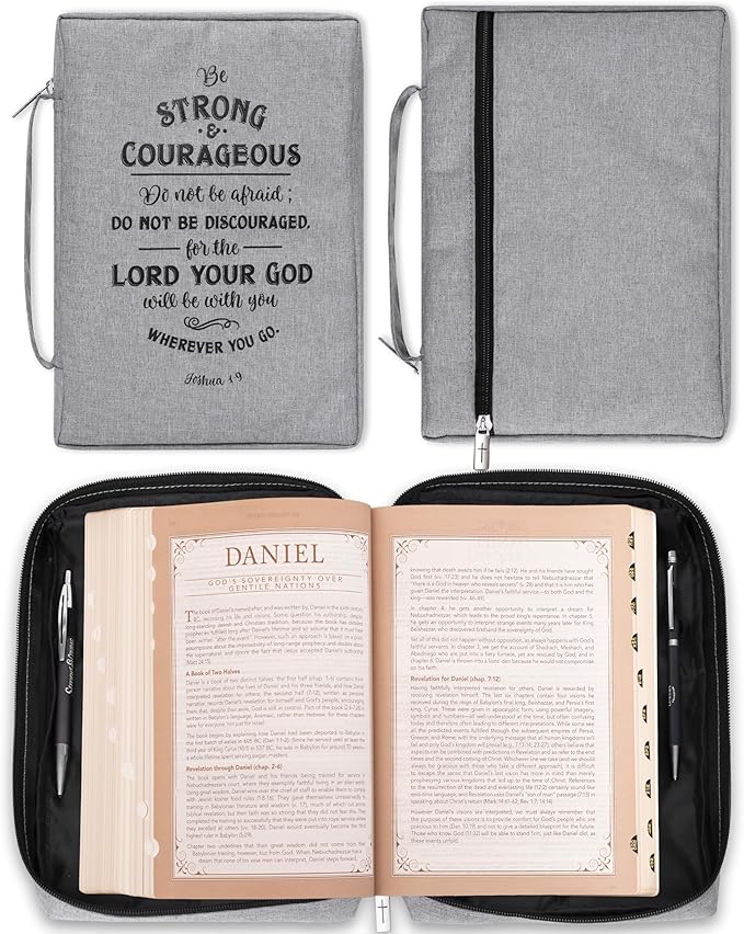 Christian Art Gifts Men/Women's Bible Cover Strong & Couragrous Joshua 1:9, Gray Canvas, Large