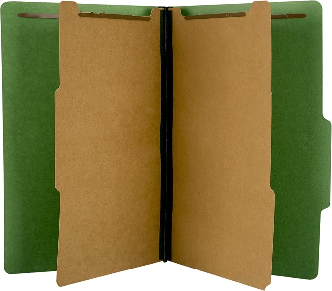 The File King Pressboard Classification Dark Green Partition File Folder | Legal Size - Box of 10 | Two Dividers | Six 2” Durable Fastener Prongs | 2/5 Cut Top Tab | 2” Expansion