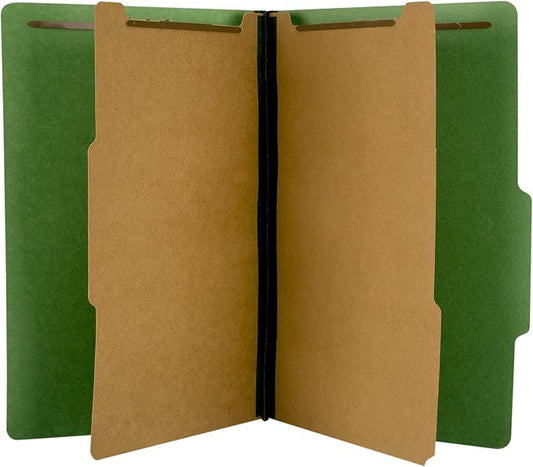 The File King Pressboard Classification Dark Green Partition File Folder | Legal Size - Box of 10 | Two Dividers | Six 2” Durable Fastener Prongs | 2/5 Cut Top Tab | 2” Expansion