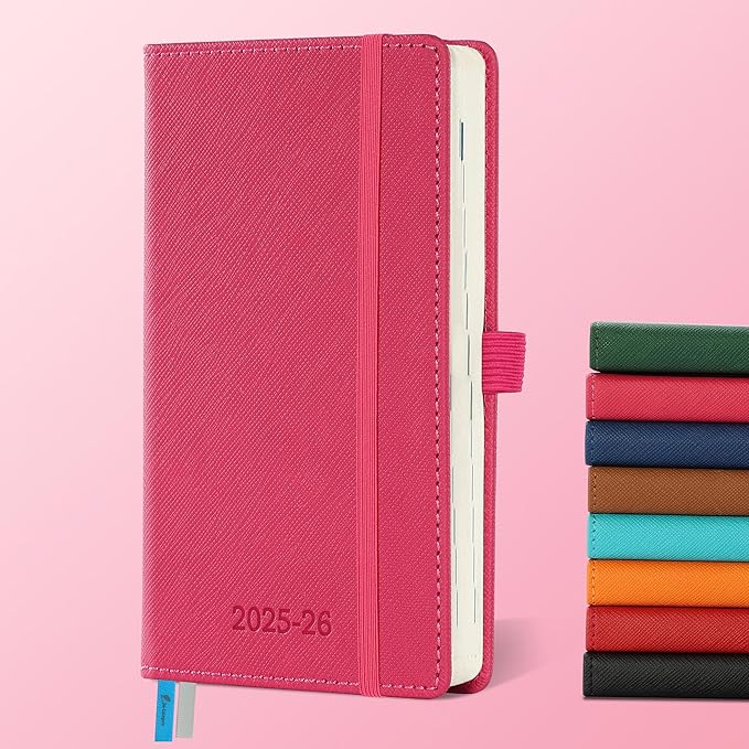 Weekly Monthly 2025-2026 Planner (July 25-Dec 26),6.5"x3.75",18 Months Agenda Plan with Month Tabs & Pocket,Expenses/Note Pages, Academic Calendar with Vegan Leather Cover,Rose Red