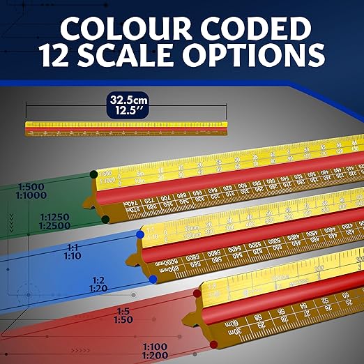 Stylo 12" Aluminum Architect Scale Ruler Laser Etched Triangle Drafting Ruler, Color Coded Grooves for Blueprint, Drafting and Drawing, Architectural Scale Ruler for Blueprints (Yellow, Metric Units)