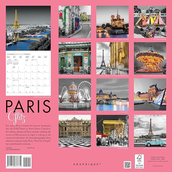 Graphique 2025 Paris Glitz Wall Calendar | 12” x 12” | Thick Paper | Home & Office Organizer | Large Monthly Grid | 3 Languages & Marked Holidays | 4 Month Preview Page for 2026