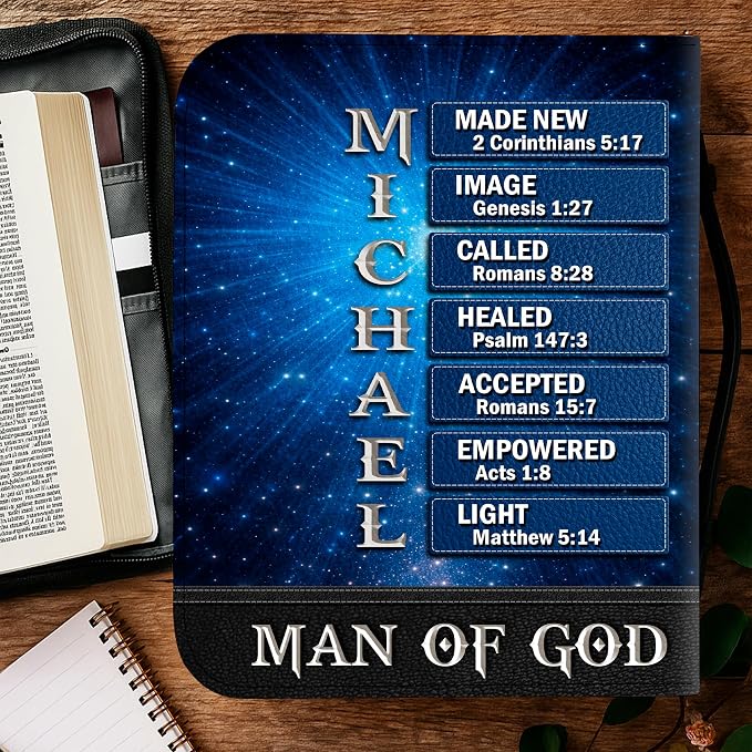 Personalized Man of God Bible Cover, God Says I Am Bible Case PU Leather, Bible Holder Handle Zipper, Faith Scripture with Name Case Bag, Religious Gifts for Church Christians Women Men (02)