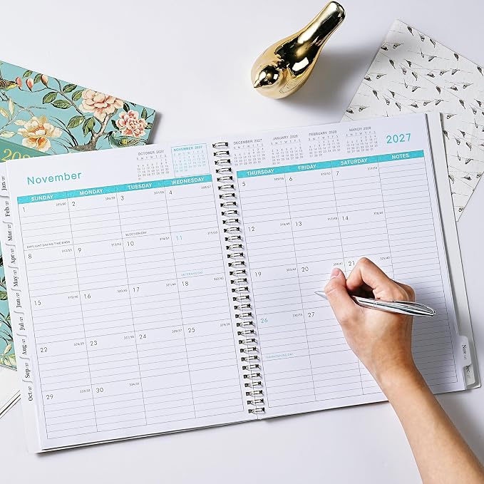 2027 Monthly Planner - 2027 Planner with Tabs, Monthly Planner/Calendar 2027, Jan. 2027 - Dec. 2027, 9" x 11", Strong Gold Twin-wire Binding, Back Pocket, Note Pages - Floral