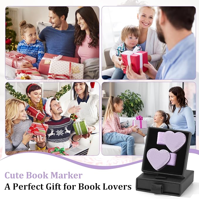 2Pcs Magnetic Leather Heart Bookmarks with Pen Holder, Cute Book Markers Clip with Gift Box, Reading Accessories for Book Lovers Women Teachers Students, Purple