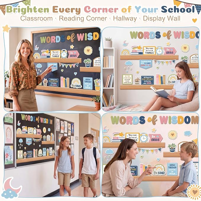 Qilery Bookshelf Bulletin Board Set, Pastel Boho Words of Wisdom Motivational Classroom Decor, Inspirational Cutouts for Back to School Reading Corner Teacher Supplies, Positive Affirmation Wall Decor