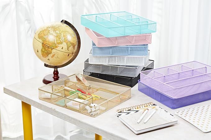 Annova Desk Top Organizer/Storage Tray - Metal Mesh with Dividers for Pens, Desktop Accessories, Bathroom, Kitchen, Makeup and Office Supplies (Large, Light Purple)
