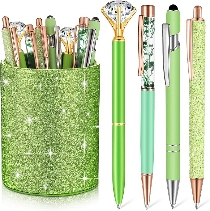 Sabary 8 Pcs Green Pens with Pen Holder for Desk Glitter Crystal Diamond Cute Ballpoint Fancy Pencil Holder Bling Desk Organizer for Women Girls School Office Supplies Wedding Graduation Gifts