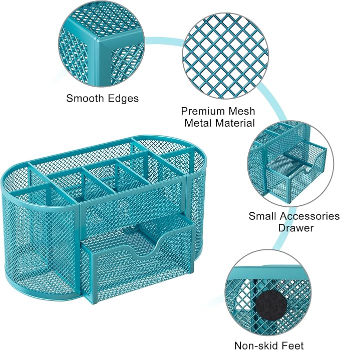 EasyPAG Mesh Pen Holder Desk Organizer with Drawer Stationery Supplies Organizer for Dorm School 9 Compartments Workspace Desk Accessories Organization for Office, Blue