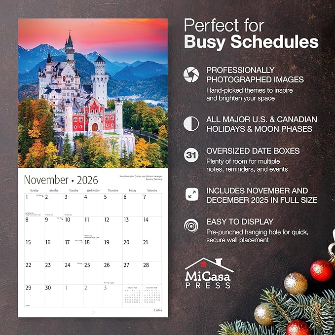 MICASA PRESS Castles 2026 Wall Calendar 12 Month | 12" x 24" Open | Thick & Sturdy Paper | Giftable | Travel Calendar 2026