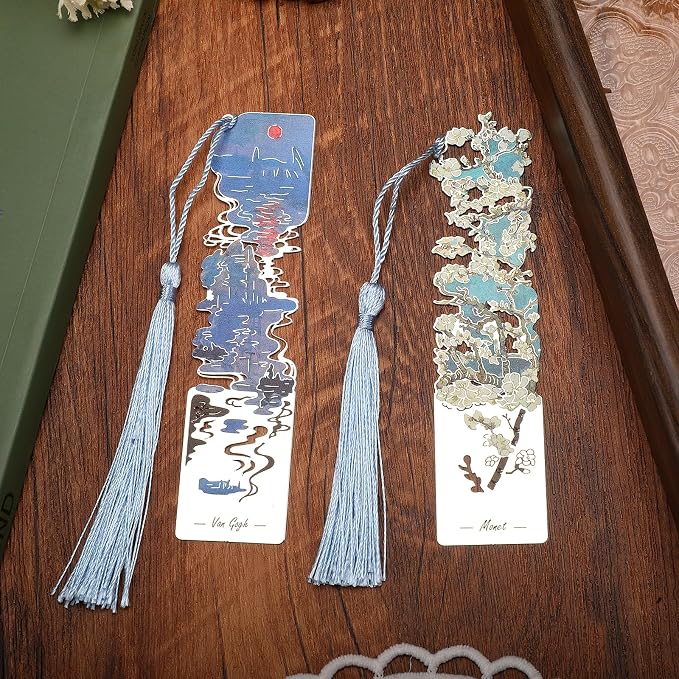 2 PCS Metal Bookmarks with Tassel, Almond Blossoms and Impression Sunrise Bookmark