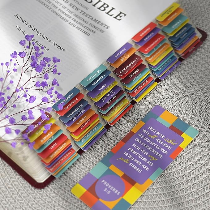 OFFILICIOUS Yellow & Blue Bible Book Tabs, 100 Soft-Touch, Laminated, Rainbow Bible Tabs for Bible, Protestant & Catholic Bible Tabs, Mini Bible Tabs for Women & Men