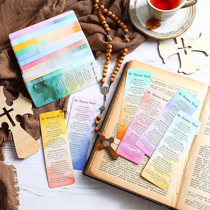 Skyygemm 240 Pcs Romans Road to Salvation Bookmarks 6 x 2 Gospel Tracks Religious Bookmarks Bulk Watercolor Christian Tracts Romans Road Scripture Gift for Church Pastor Men Women