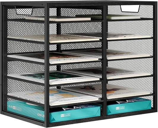 TQVAI 12 Compartments Desktop Literature Organizer, Metal Frame Paper Sorter with Handles, Adjustable Mailbox for Classroom and Office, Desk File Organizer for Document, Bill, Magazine, Black