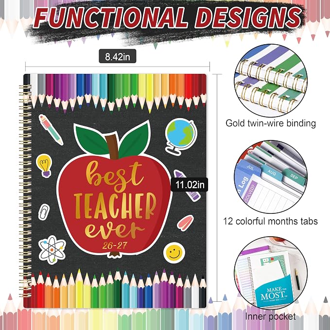 Teacher Planner 2026-2027 for Teacher School - Academic Year Weekly & Monthly Lesson Plan Book, Grade Tracker, Schedule, Spiral Bound, Colorful Tabs, Inner Pocket - Multicolor 8.5 x 11 inch