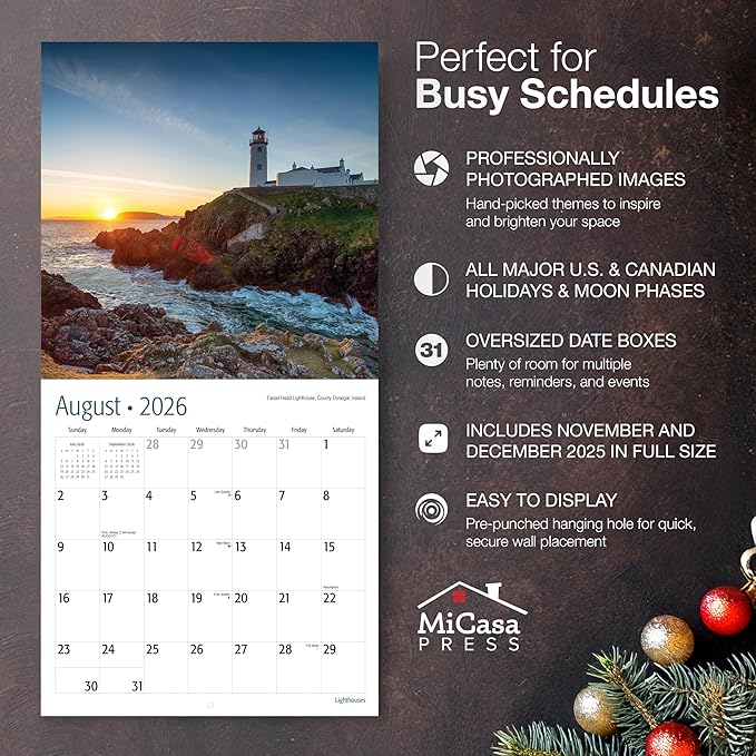 MICASA PRESS Lighthouses 2026 Wall Calendar 12 Month | 12" x 24" Open | Thick & Sturdy Paper | Giftable | Travel Calendar 2026