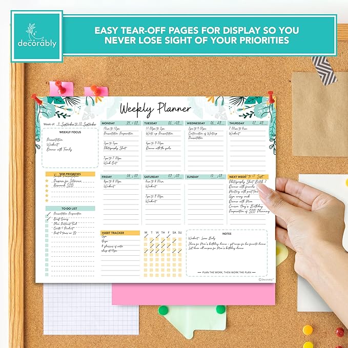 Decorably 52 Sheets Mint Green Undated Weekly Planner Notepad Large - 6.5x10in Spring-Bound Pad, for Focus, Priorities, to-Do List, Habit Tracker, Agenda, Notes - Home, School, Office