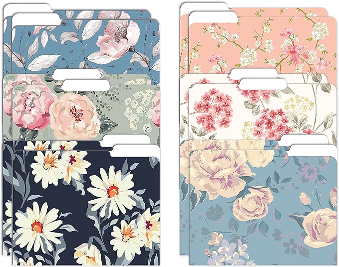 Better Office Products Decorative File Folders, 12 Pack, 6 Designs, Heavyweight, Letter Size (9.5" x 11.5") with 1/3 Cut Tab, Traditional Floral Designs with Matte Finish, Fashion Folders