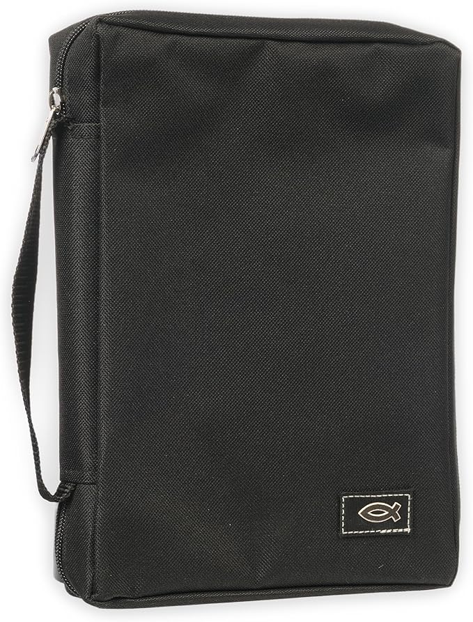 Christian Art Gifts Men or Women's Bible Cover Secure Zipper Jesus Fish, Black Canvas, Medium