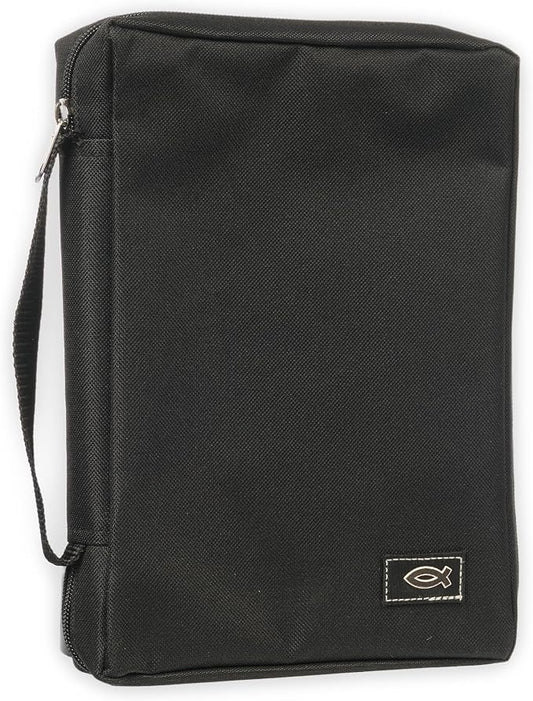 Christian Art Gifts Men/Women's Bible Cover Jesus Fish, Black Canvas, XS