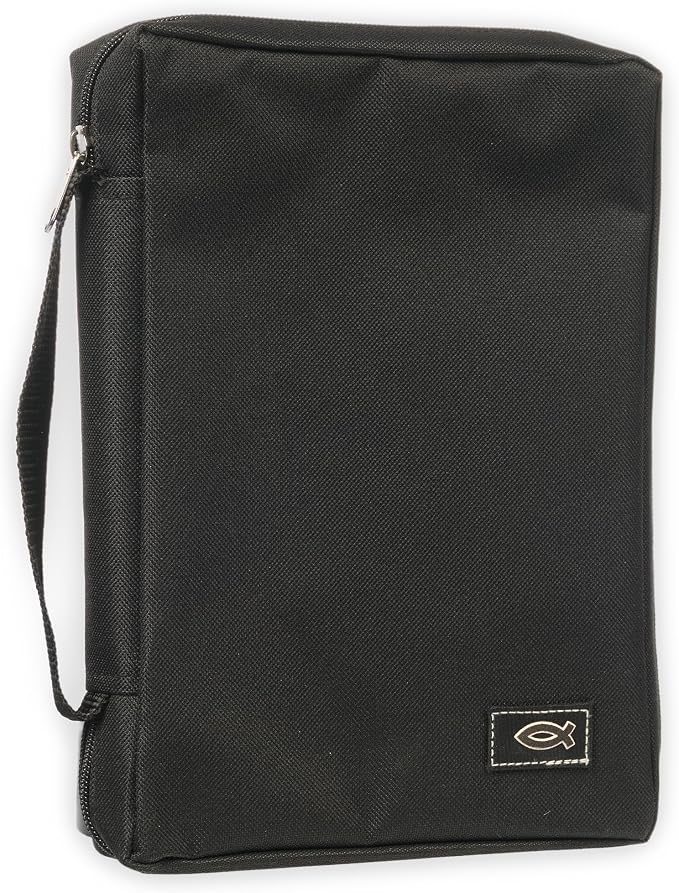 Christian Art Gifts Men or Women's Bible Cover Secure Zipper Jesus Fish, Black Canvas, Large