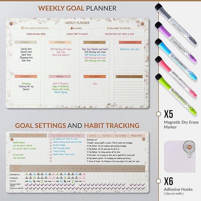 Magnetic Whiteboard for Fridge - Large Dry Erase Calendar for Wall | 3 Magnetic Dry Erase Board 10.5" x 16.5" & 7" x 16.5", Monthly Goal Setting & Habit Tracker, 5 Markers and 6 Adhesive Hooks