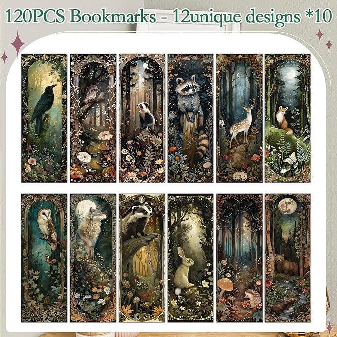 Woodland Animals Bookmarks Gifts - 120 Pcs Fantasy Forest Animal Bookmark Rabbit Raccoon Page Markers Clips Book Mark Gift for Women Men Office Home Book Lovers Bookworm Party Supplies