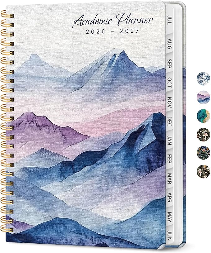 Planner 2026-2027, Academic Monthly and Weekly Calendar Planner for Women, July 2026 - June 2027, Hardcover Pretty Agenda Planner Book with Tabs, Spiral Daily Organizer for School Office Home Supplies, 8.5" x 11" - Distant Peaks
