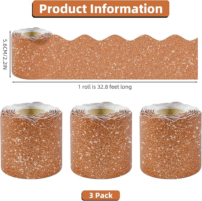 3 Rolls 98.4 Ft Glitter Bulletin Board Borders Set - Khaki Bulletin Board Decorations for Classroom, Office，School Supplies & Home DIY - Perfect for Teachers, Posters & Birthday Party Decor