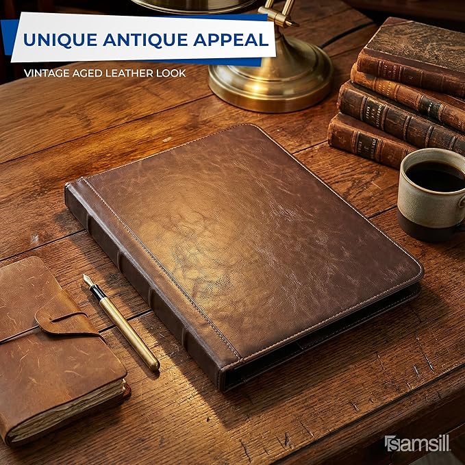 Samsill Vintage Portfolio/Zipper Faux Leather Portfolio, Book Style Hardback Design, Business & Interview Padfolio Organizer, 8.5 x 11 Writing Pad, Dark Brown