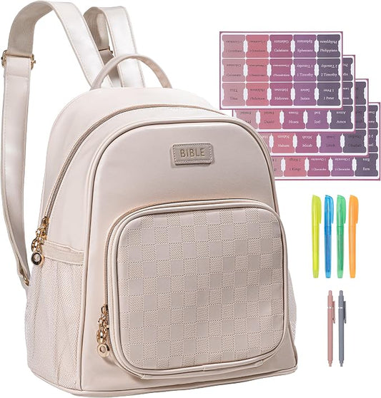 Premium Bible Backpack Set for Women - Stylish Checkered PU Leather Bible Bag with 72 Bible Tabs, 4 Highlighters & 2 Pens - Ideal for Church, Study & Travel