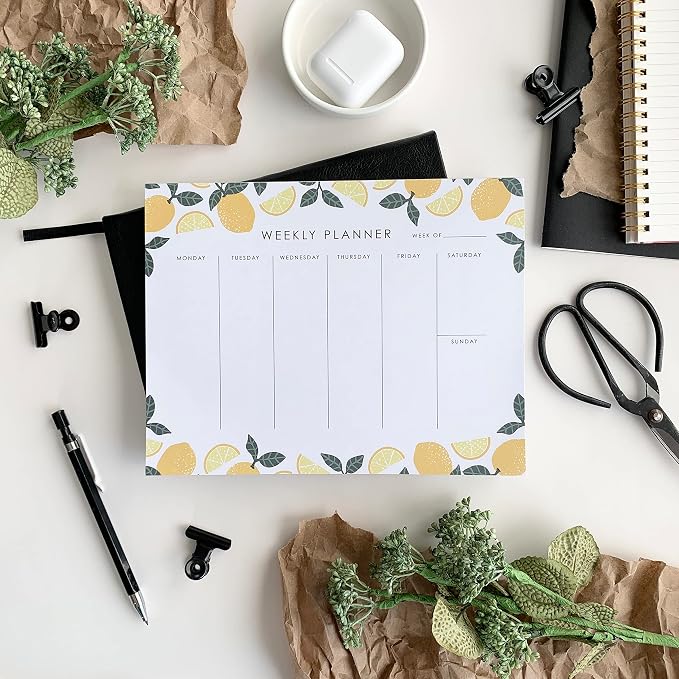 Weekly Planner Notepad - 9x7” inches, 52 tear off sheets - Undated Desk Planner Pad Calendar Notepad Organizer for Weekly To Do List, Notes and Schedule (Lemons)