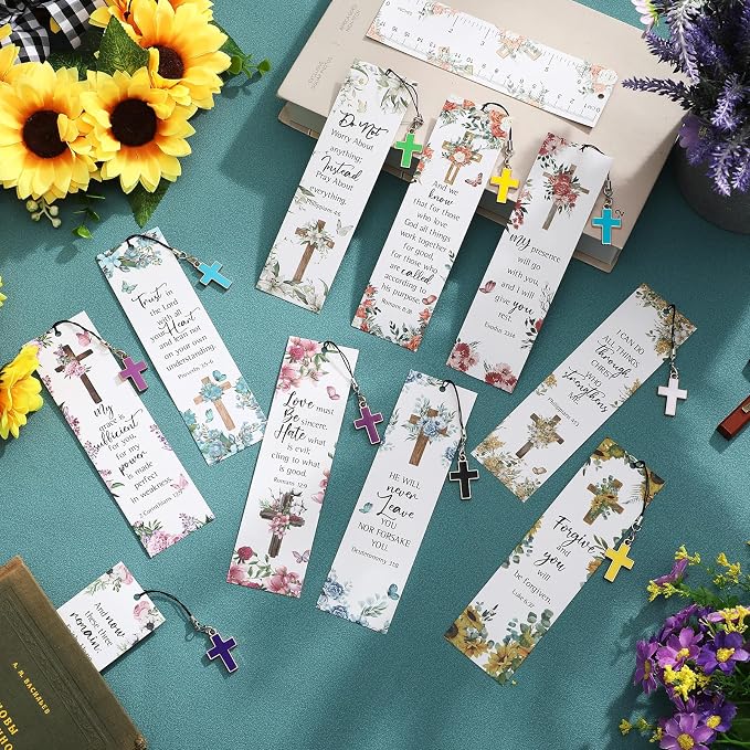 Gersoniel 30 Pcs Christian Bookmarks for Women Bible Verse Inspirational Scripture Bookmark Bulk Religious Page Marker with Cross Pendant for First Communion Mother Day Church Gift(Floral Style)