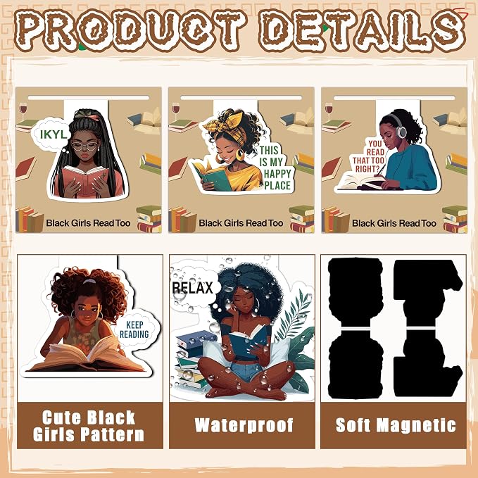 Laffact Reading Bookmarks for Black Girls Women - 9Pcs Black Girls Read Too Magnetic Book Tracker Bulk, Double-Sided Keep Reading Magnets Page Clips for Book Lovers Teachers Bookish Birthday Gift